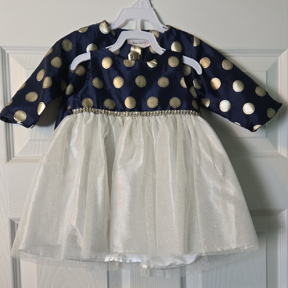 Sweet Heart Rose 9-12 M Navy with Gold Polka Dot Baby Dress w/ Matching Jacket